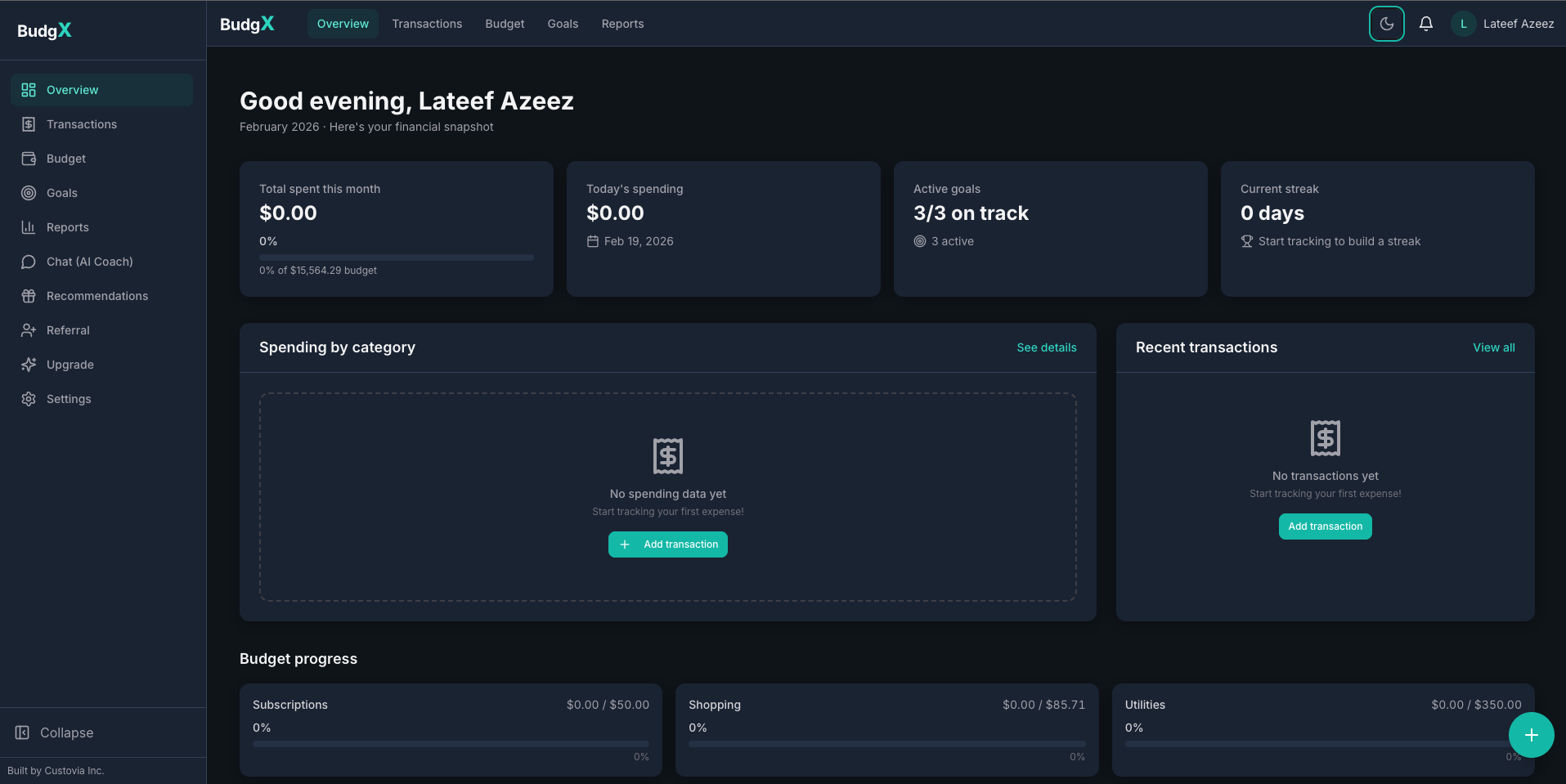 BudgX web app dashboard