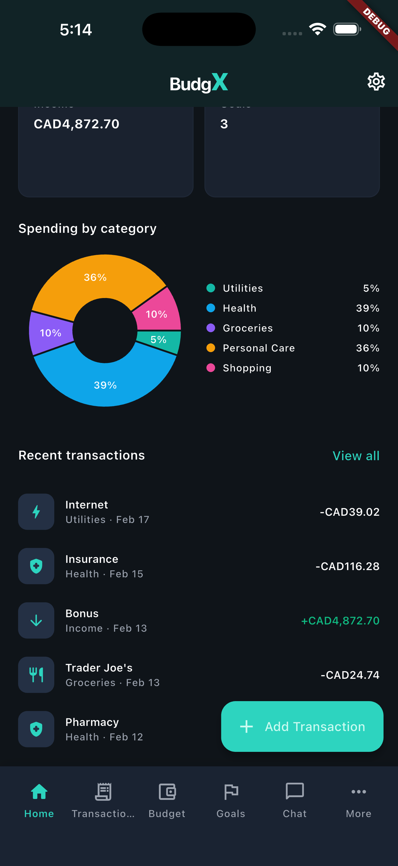 BudgX mobile app – Dashboard